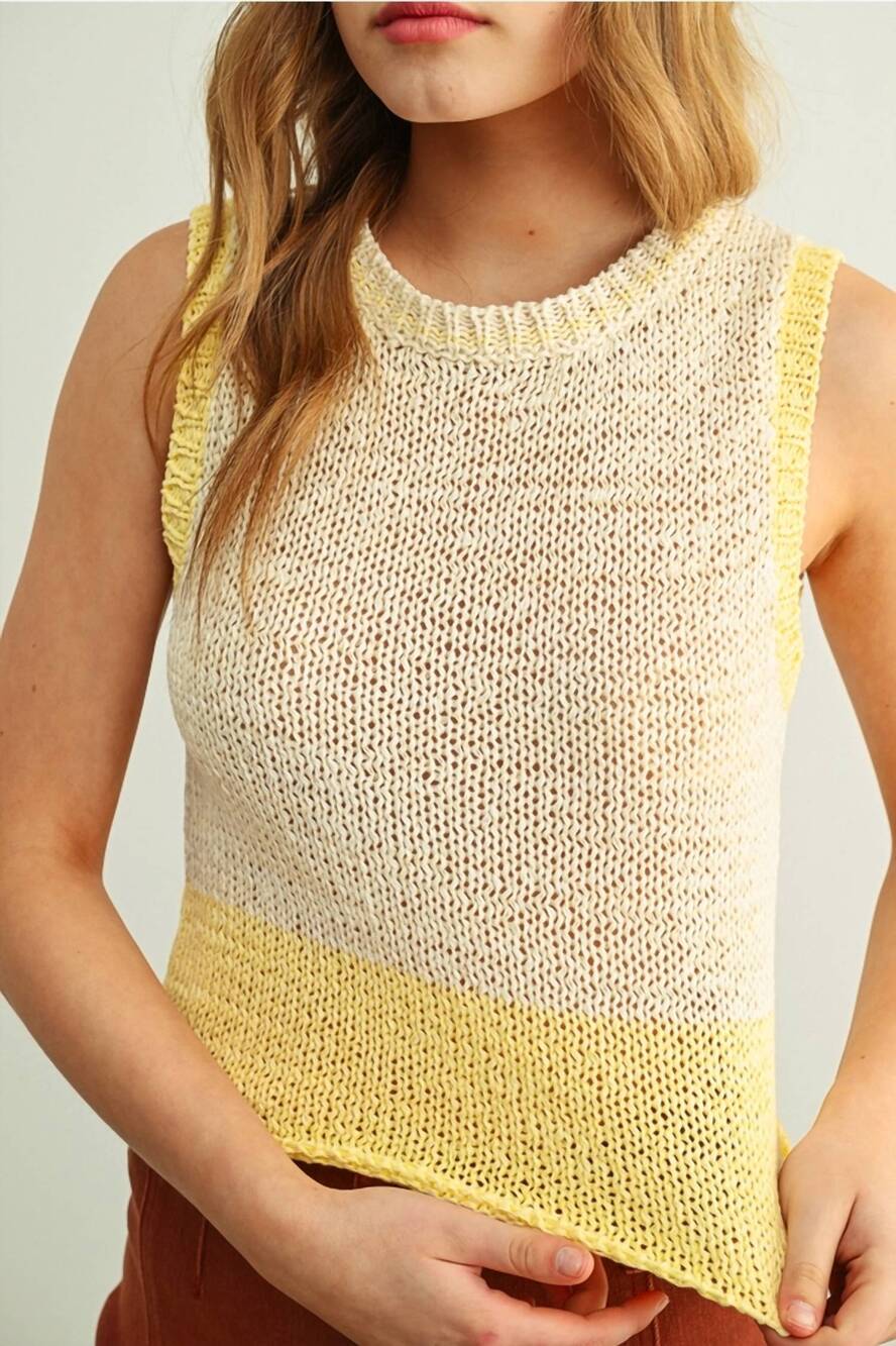 NEW MIOU MUSE color blocked sleeveless knitted top in beige/banana